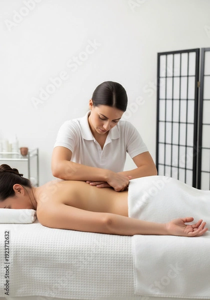 Obraz マッサージセラピスト は 女性 の 背中 に 集中 し て 施術
