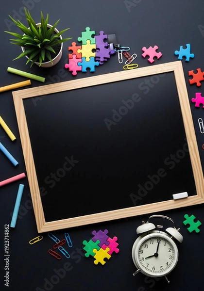 Obraz 黒板の周り カラフルなパズルとの静物画 鮮やかに並ぶ