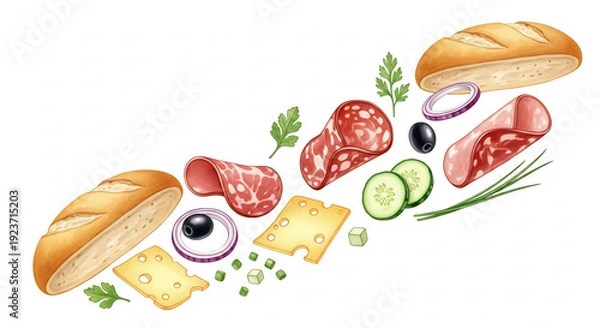 Obraz パンと様々な具材の鮮やかなイラストが軽快に浮かぶ
