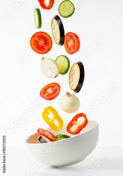 Obraz 空中への野菜の落下、新鮮な色彩で静止画を捉える瞬間