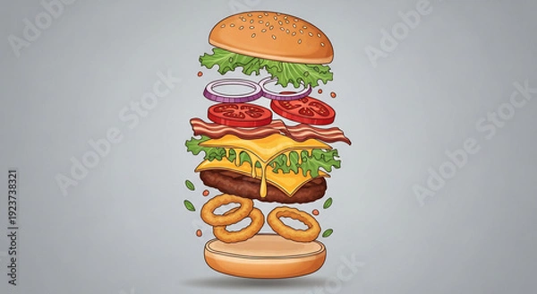 Obraz おいしいハンバーガーの分解イラスト、食欲をそそる明るいイメージ