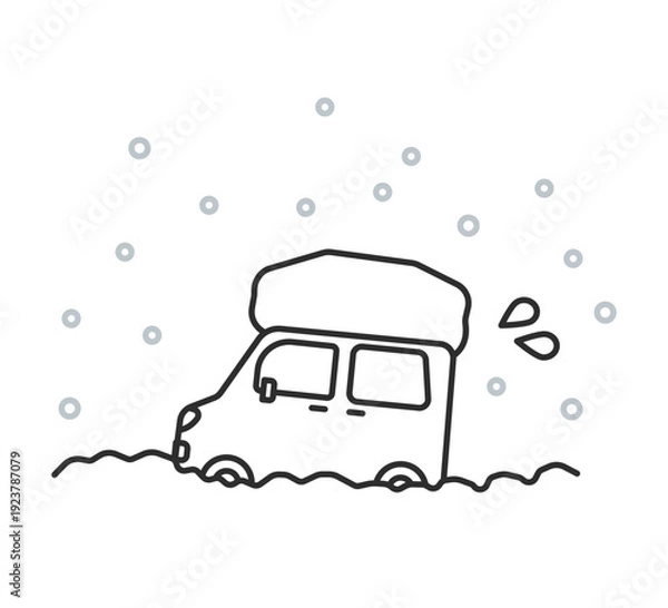 Obraz タイヤが雪に埋もれて進めない車のイラスト　線画のみ