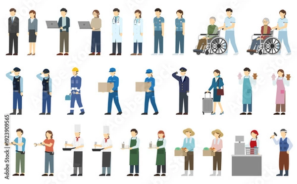 Obraz フラットイラスト：いろいろな職業の男女
