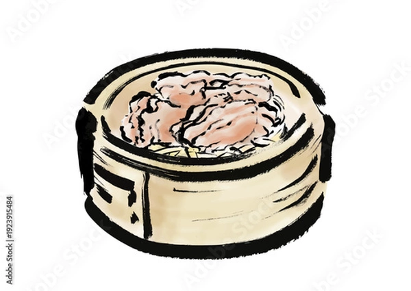 Obraz 蒸篭に入った豚肉の薄切り料理の和風筆イラスト素材