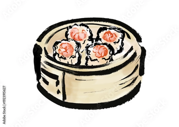 Obraz 蒸篭に入っている海老焼売の和風筆イラスト素材