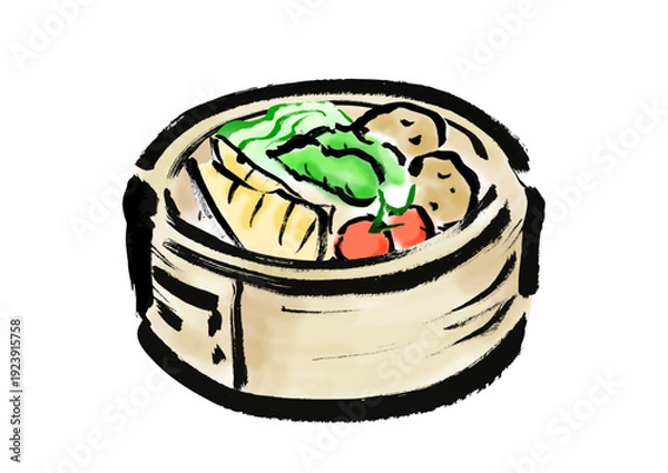 Obraz 蒸篭に入っている野菜の和風筆イラスト素材