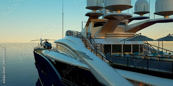Fototapeta Extremely detailed and realistic high resolution 3D illustration of a luxury super yacht with a helicopter, a swimming pool and a jacuzzi