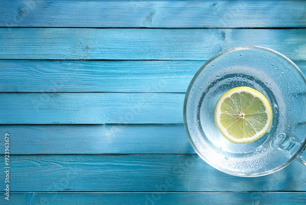 Obraz 水色のフローリングに置かれたレモン水