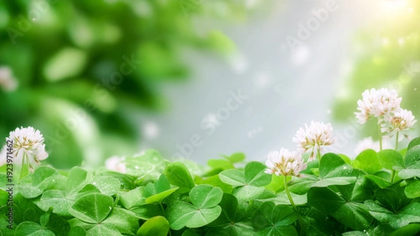 Obraz 陽光が差し込むシロツメクサのクローバーフィールド。水滴がついた瑞々しい緑の葉と白い花が咲く、爽やかで穏やかな自然の風景背景。