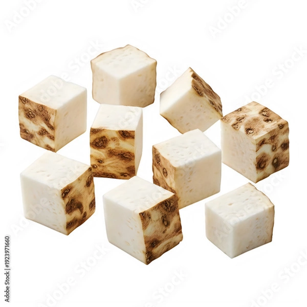Obraz Scattered diced celery root pieces on a white background