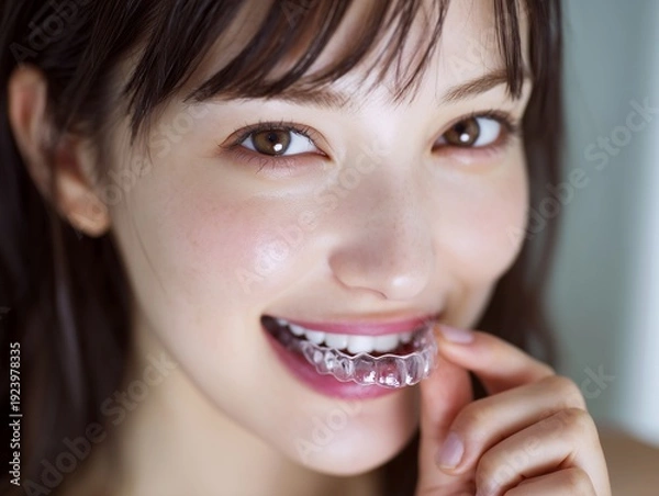 Obraz マウスピース矯正を始めて透明なリテーナーを装着し鏡の前で笑顔を見せる若い女性のアップ