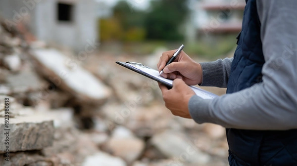 Obraz Engineer assessing damaged residential buildings and taking notes at sunset.