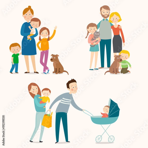 Obraz Set of happy families with kids and pets.