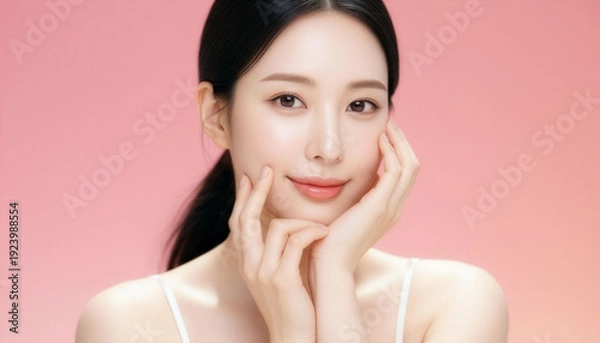 Obraz ナチュラルな笑顔で頬に触れる美肌の日本人女性、スキンケア・保湿・美容医療イメージ