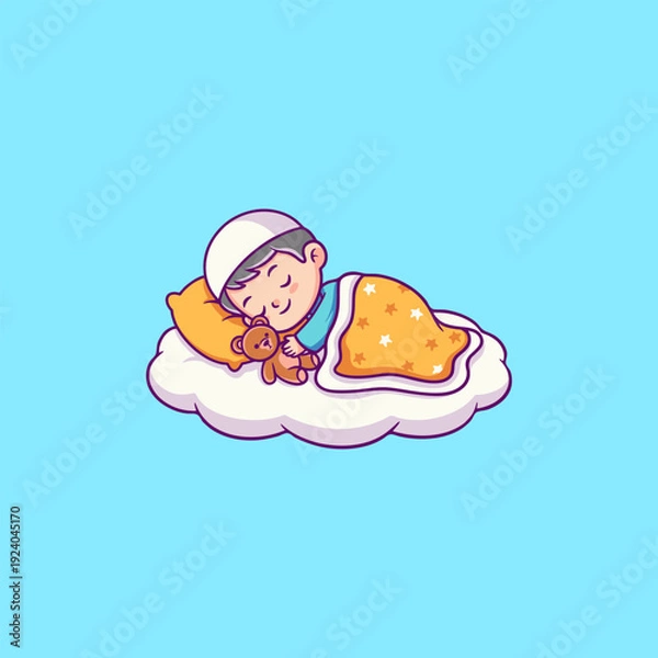 Obraz Boy Sleeping With Teddy Bear on Cloud