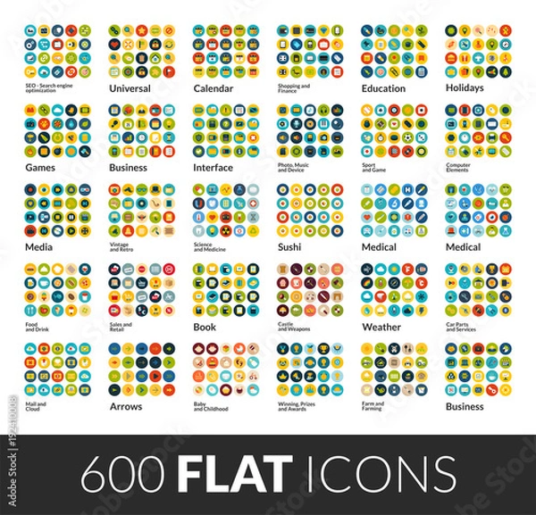 Fototapeta Zestaw dużych ikon, piktogram 600 wektor płaski kolor z rundy