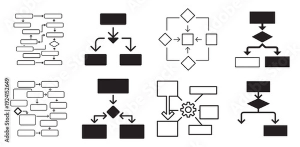 Fototapeta Solid silhouette flowchart and process block diagram icon set. vector illustration eps 10