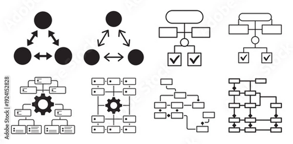 Fototapeta Core node network, hierarchy tree and gear process icon set. vector illustration eps 10