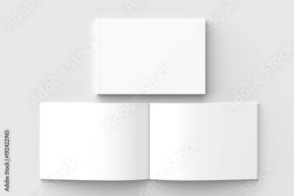 Fototapeta Horizontal - landscape hardcover brochure, book or catalog mock up isolated on soft gray background. 3D illustrating.