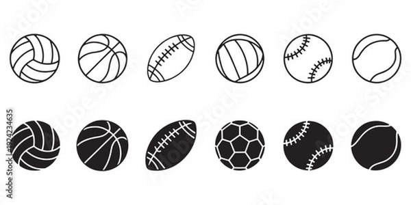 Obraz Sports Ball Icons Set - Outline and Solid Vector Pack for Web Design
