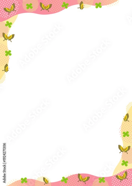 Obraz 蝶とクローバーと幾何学模様と波の縦型の角のフレーム_ ピンク