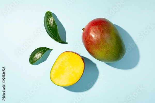 Obraz Flat lay with mango on color background, top view