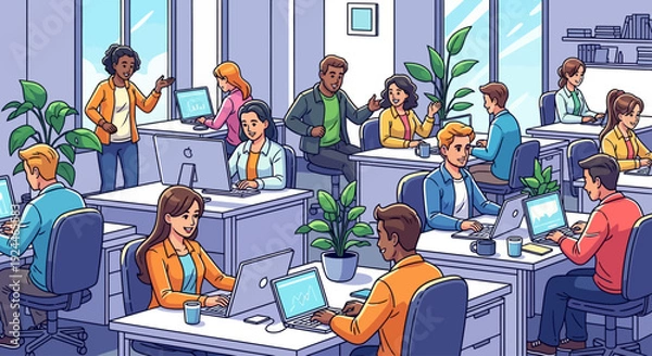 Obraz Smiling Colleagues Working Modern Open Office