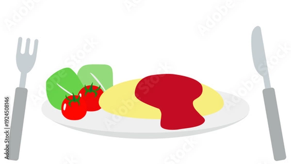 Obraz 皿に盛られたオムレツ（ナイフとフォーク付き）のイラスト素材