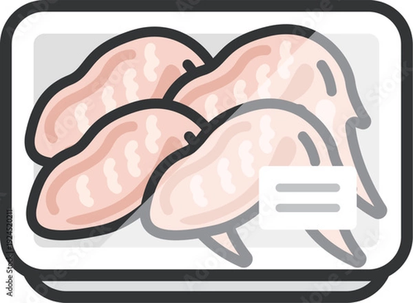 Obraz スーパーのパックに入った、生の手羽先のアイコン（線画カラー）のイラスト