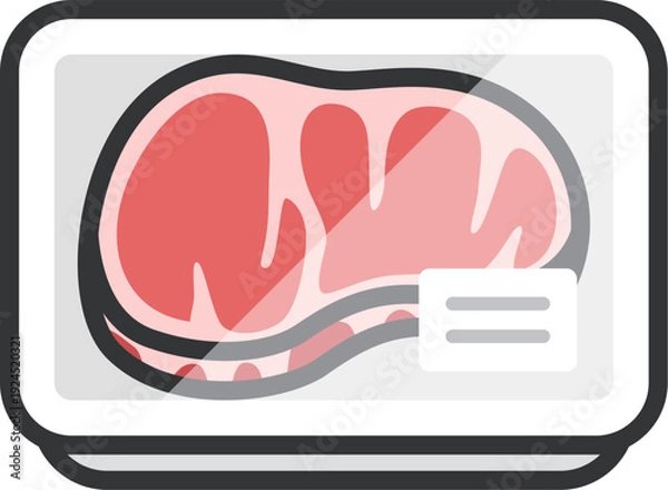 Obraz スーパーのパックに入った、ステーキ肉のアイコン（線画カラー）のイラスト