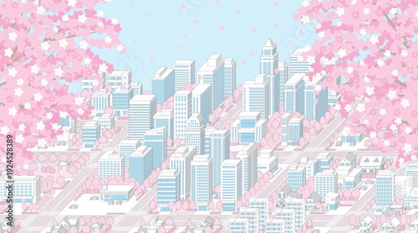 Obraz 春の街並み. アイソメ図で描いた都市.