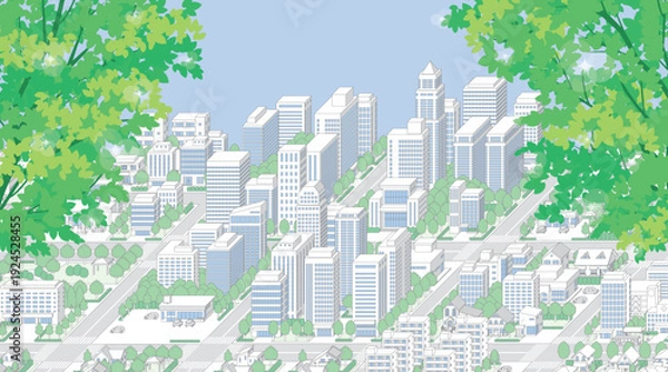 Obraz 新緑の街並み. アイソメ図で描いた都市.