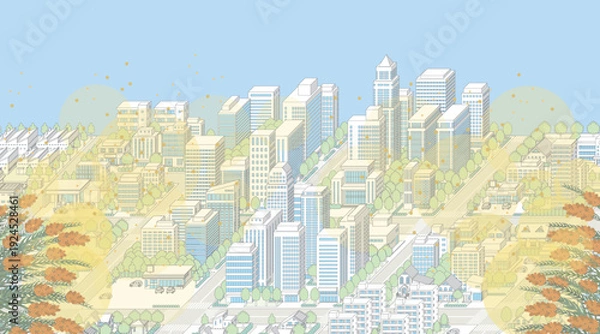 Obraz 花粉が飛散する街並み. アイソメ図で描いた都市.