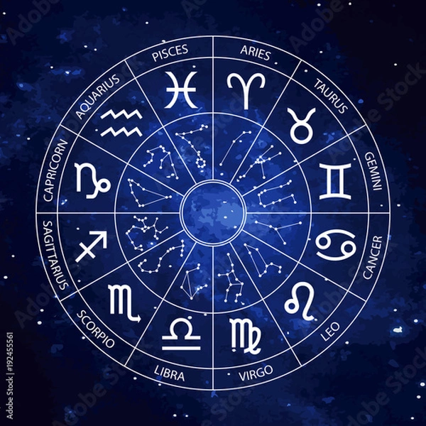 Obraz Vector graphics astrology set. A simple geometric representation of the zodiac signs and constellations for horoscope with titles, line art isolated illustration on the starry sky background