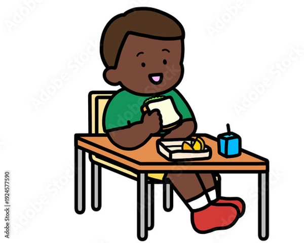 Obraz 学校生活　机でランチをとる黒人の男の子（サンドイッチ）