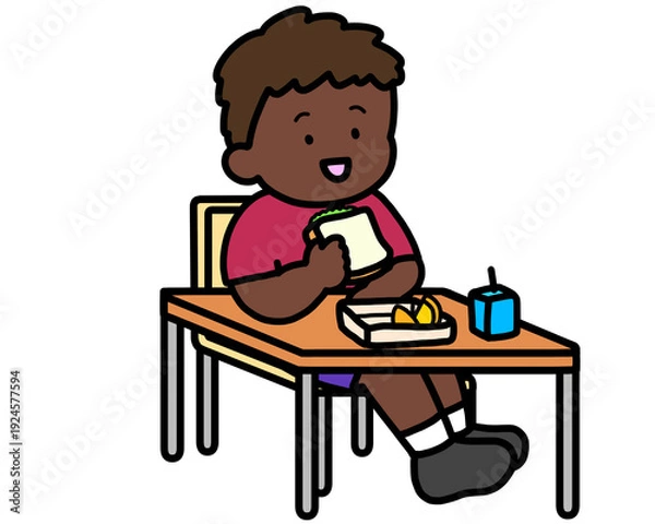 Obraz 学校生活　机でランチをとる黒人の男の子（サンドイッチ）