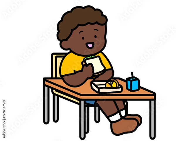 Obraz 学校生活　机でランチをとる黒人の男の子（サンドイッチ）