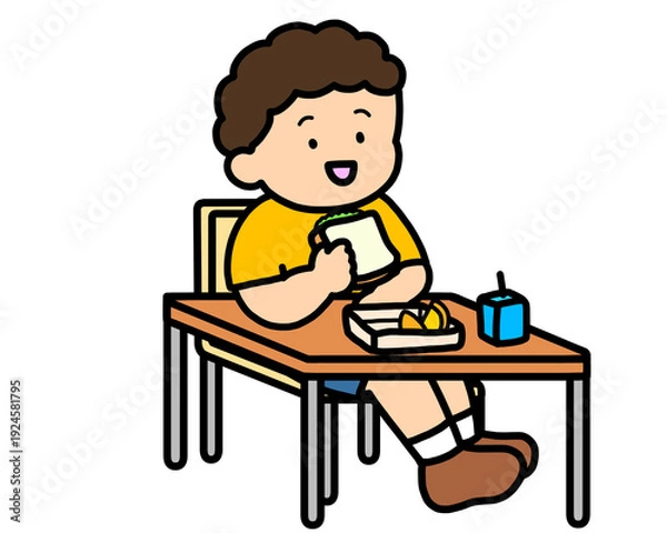 Obraz 学校生活　机でランチをとるアジア人の男の子（サンドイッチ）