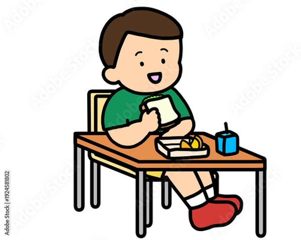 Obraz 学校生活　机でランチをとるアジア人の男の子（サンドイッチ）