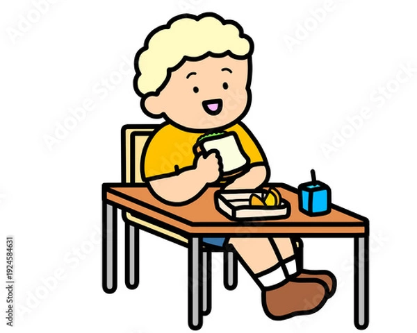 Obraz 学校生活　机でランチをとる金髪の男の子（サンドイッチ）