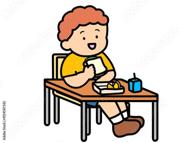 Obraz 学校生活　机でランチをとる茶髪の男の子（サンドイッチ）