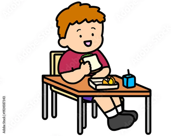 Obraz 学校生活　机でランチをとる茶髪の男の子（サンドイッチ）