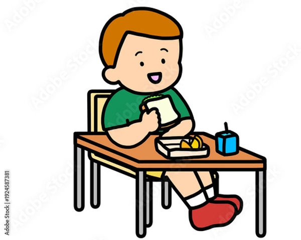 Obraz 学校生活　机でランチをとる茶髪の男の子（サンドイッチ）