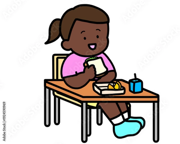 Obraz 学校生活　机でランチをとる黒人の女の子（サンドイッチ）