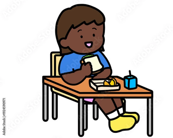Obraz 学校生活　机でランチをとる黒人の女の子（サンドイッチ）