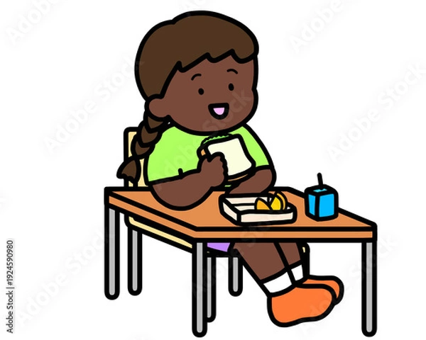 Obraz 学校生活　机でランチをとる黒人の女の子（サンドイッチ）