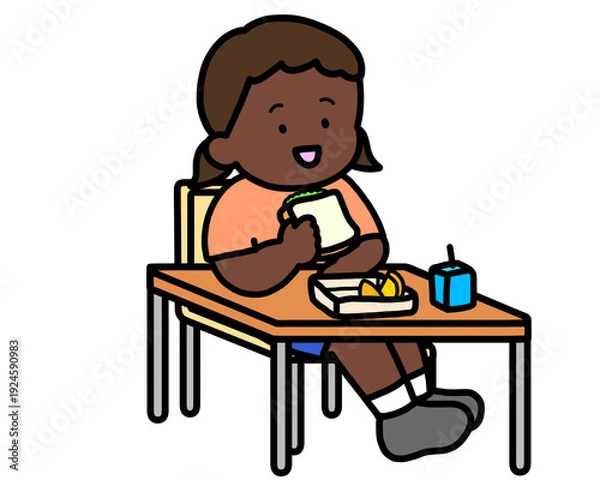Obraz 学校生活　机でランチをとる黒人の女の子（サンドイッチ）