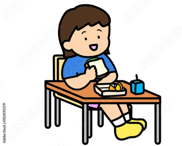 Obraz 学校生活　机でランチをとるアジア人の女の子（サンドイッチ）