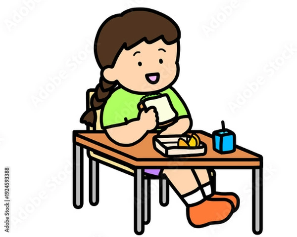 Obraz 学校生活　机でランチをとるアジア人の女の子（サンドイッチ）