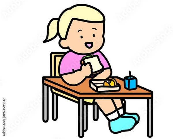 Obraz 学校生活　机でランチをとる金髪の女の子（サンドイッチ）